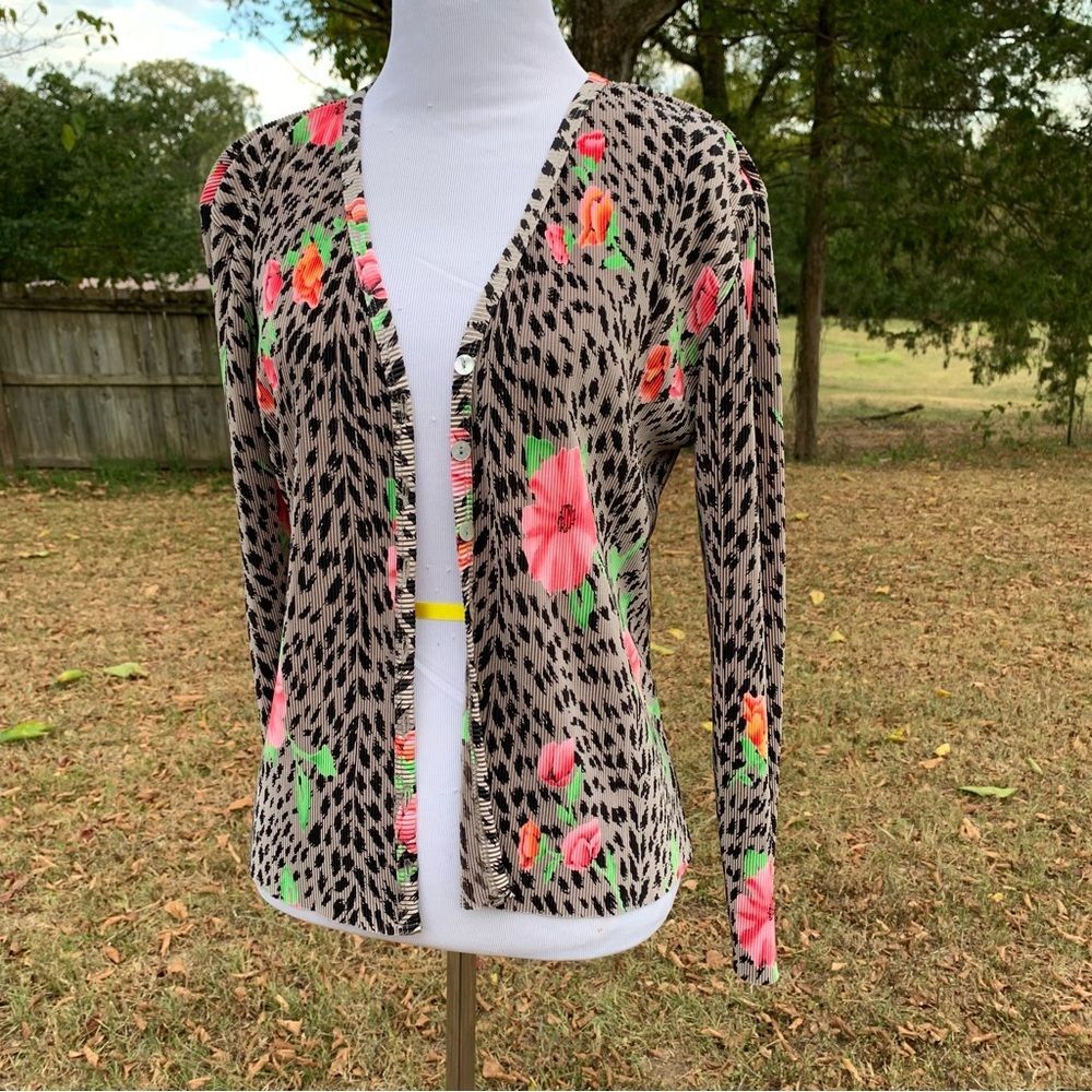 Vintage TESS Ribbed Leopard Dalmatian Vibrant Bright Floral Pattern Cardigan